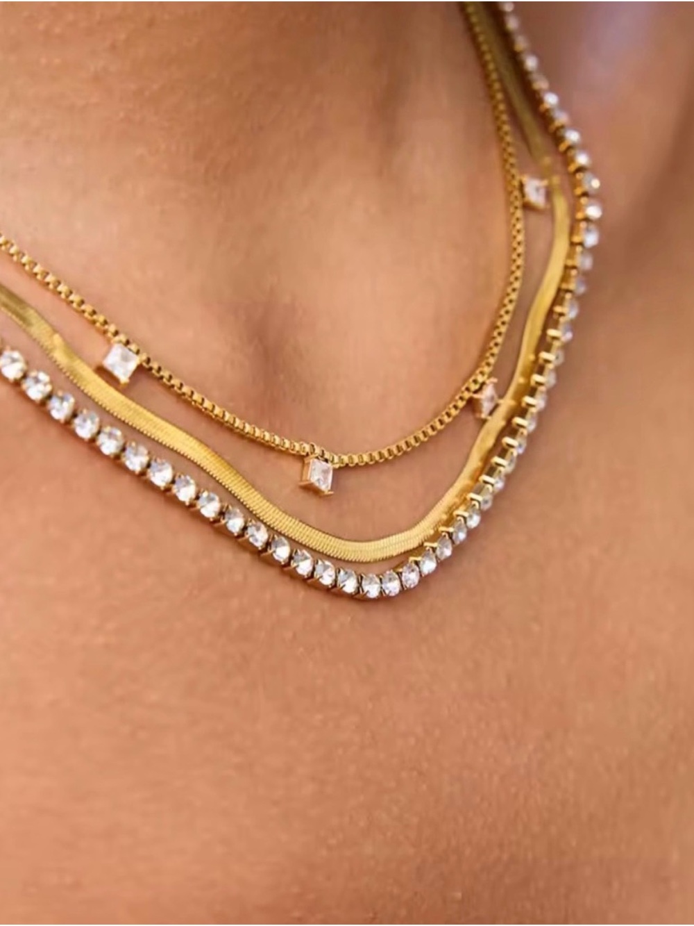 3-Layer Necklace with Square White Zirconia Stainless Steel 18K Gold Plated - Picture 2 of 5